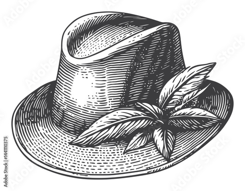 Vintage Hand-Drawn Illustration of a Stylish Hat with Leaves