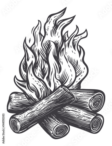 Vintage Hand-Drawn Illustration of a Campfire with Logs and Flames