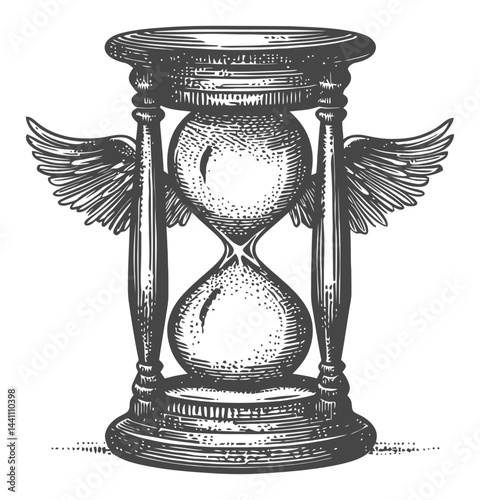 Vintage Hand-Drawn Illustration of an Hourglass with Wings