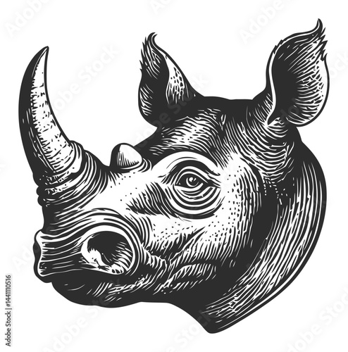 Vintage Hand-Drawn Illustration of a Rhino Head in Black and White
