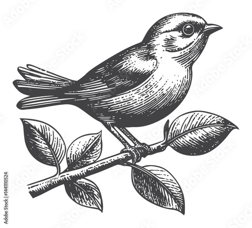 Vintage Hand Drawn Illustration of a Bird Perched on a Branch