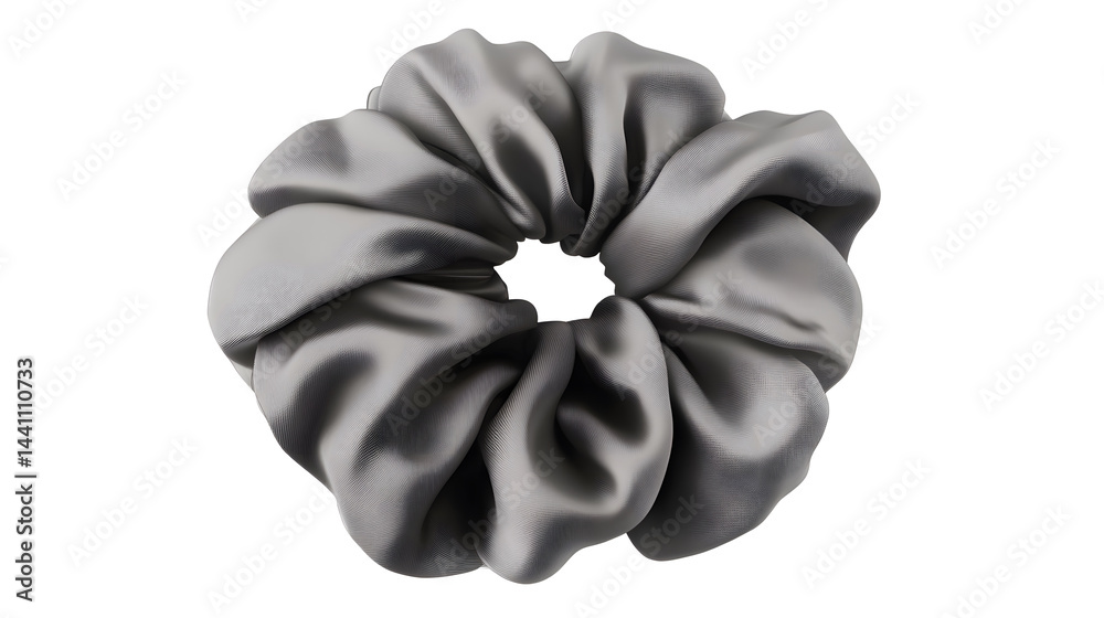 Hair scrunchie as hair tie in beautiful dark gray color made out of satin fabric with white background, so elegant and fashionable. A great hair tie accessory for girls and women.