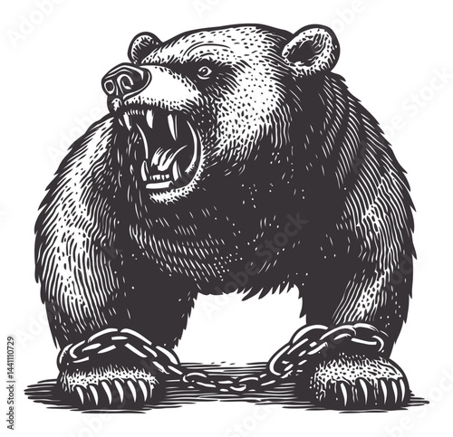 Vintage Hand-Drawn Illustration of a Powerful Bear with Chains