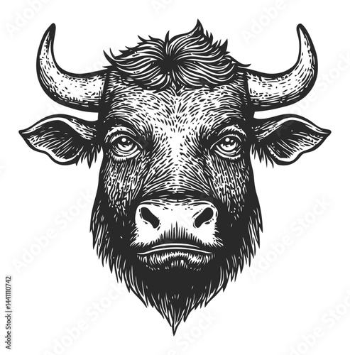 Vintage Hand-Drawn Illustration of a Detailed Bull Head