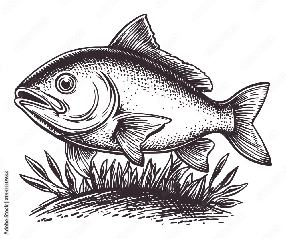 Obraz premium Vintage Hand-Drawn Illustration of a Fish in Nature Setting