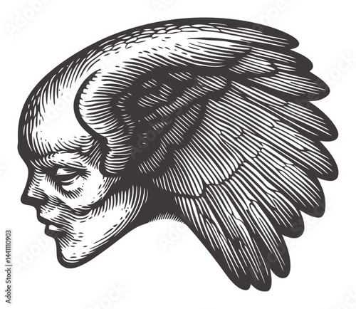 Vintage Hand-Drawn Illustration of a Winged Skeleton Head