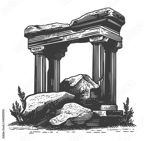 Vintage Hand Drawn Illustration of Ancient Ruins with Columns