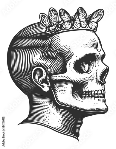 Vintage Hand-Drawn Illustration of Skull with Butterfly Crown