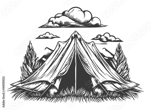 Vintage Hand-Drawn Illustration of a Tent in Nature Landscape