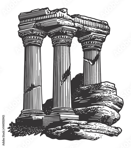 Vintage Hand Drawn Illustration of Ancient Ruins with Columns