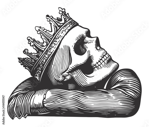 Vintage Hand-Drawn Illustration of a Crowned Skull with Elegance