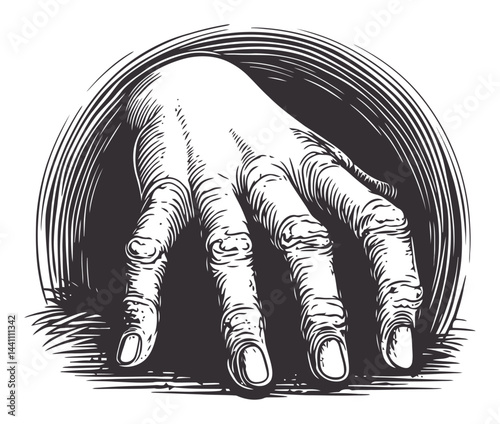 Vintage Hand Drawn Illustration of a Reaching Hand in Black and White