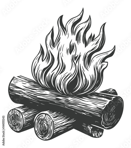 Vintage Hand Drawn Illustration of a Campfire on Wooden Logs