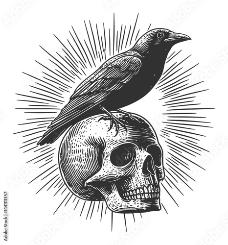 Vintage Hand Drawn Illustration of a Bird on a Skull Design
