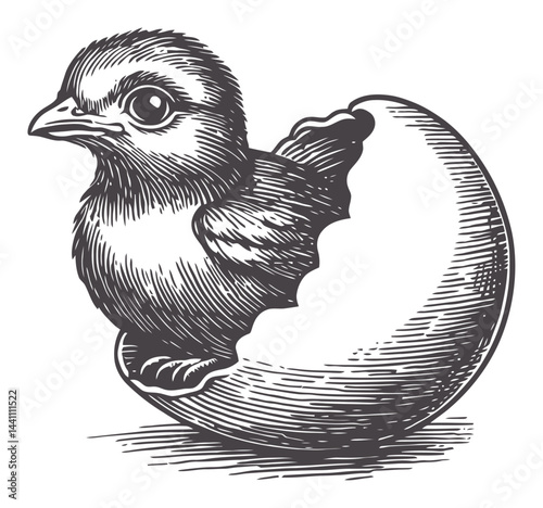 Vintage Hand-Drawn Illustration of Chick Emerging from Egg