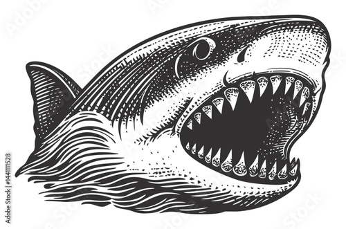 Vintage Hand-Drawn Illustration of Shark with Open Mouth
