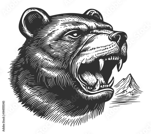 Vintage Hand-Drawn Illustration of a Roaring Bear Head with Mountain