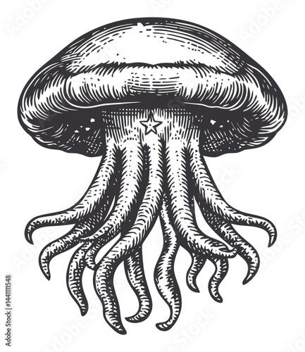 Vintage Hand-Drawn Illustration of a Jellyfish with Tentacles