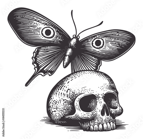Vintage Hand-Drawn Illustration of Butterfly on Skull Artwork
