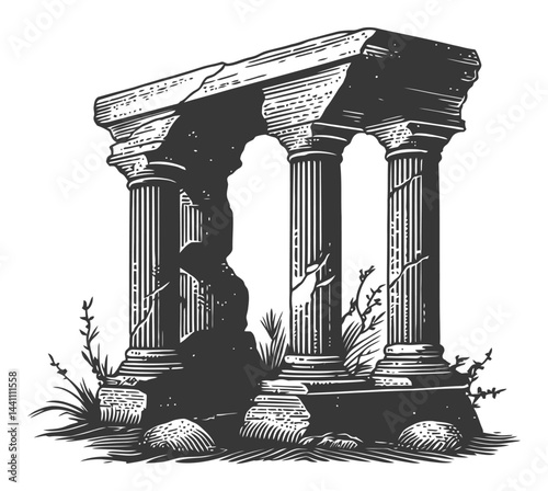 Vintage Hand-Drawn Illustration of Ancient Ruins with Columns