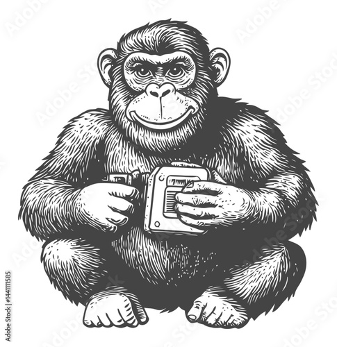 Vintage Hand-Drawn Illustration of a Monkey Holding an Object