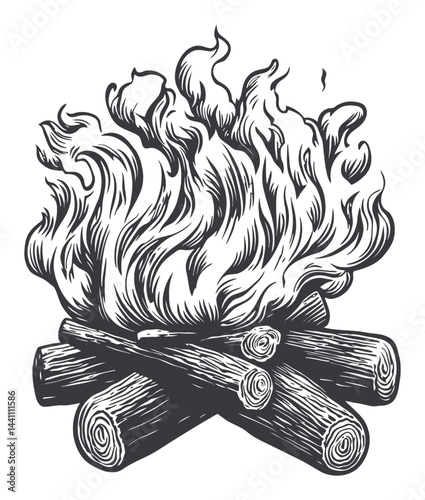Vintage Hand-Drawn Illustration of Campfire with Flames and Logs