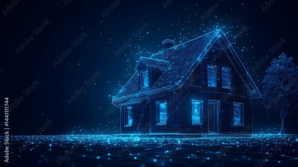 A digital house rendered in glowing blue wireframes, atop a networked plane. The scene evokes a modern, technological feel, complete with a starry night backdrop. Abstract wireframe in dark blue A digital house rendered in glowing blue wireframes, atop a networked plane. The scene evokes a modern, technological feel, complete with a starry night backdrop. Abstract wireframe in dark blue