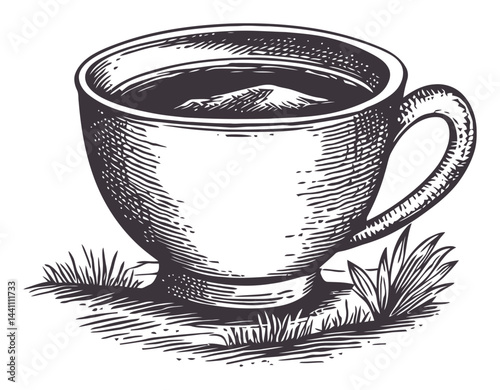 Vintage Hand-Drawn Illustration of a Coffee Cup with Nature Elements