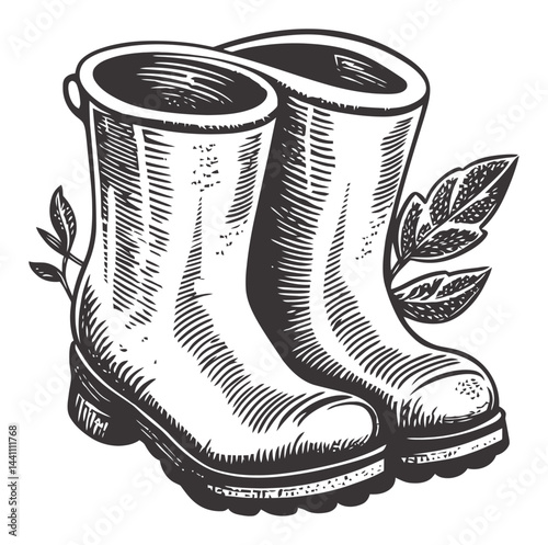 Vintage Hand-Drawn Illustration of Rubber Boots with Leaves
