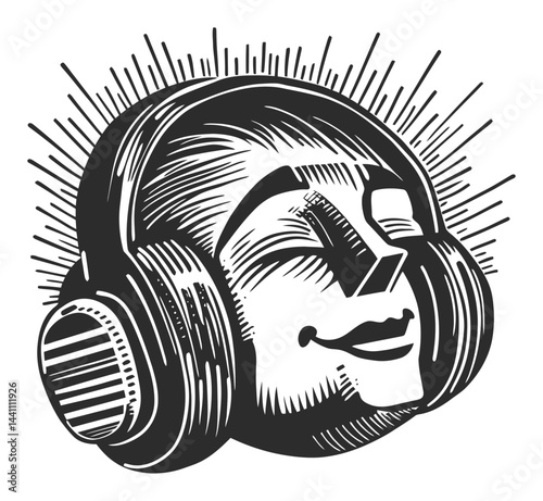 Vintage Hand-Drawn Illustration of a Happy Face with Headphones