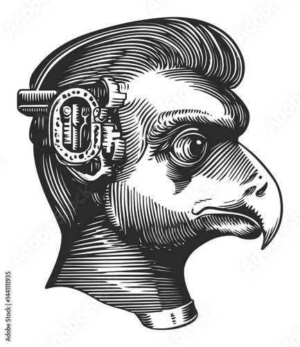 Vintage Hand Drawn Illustration of a Mechanical Bird Head Profile
