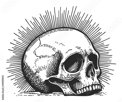 Vintage Hand-Drawn Illustration of a Skull with Rays of Light
