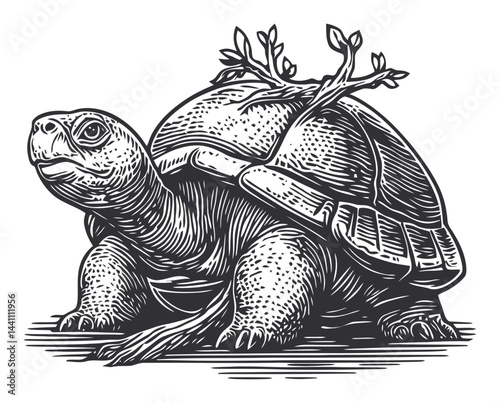 Vintage Hand Drawn Illustration of a Tortoise with Plants