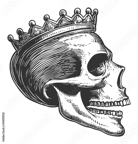 Vintage Hand-Drawn Illustration of a Skull with a Crown Design