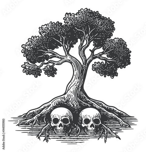 Vintage Hand-Drawn Illustration of Tree with Skulls and Roots