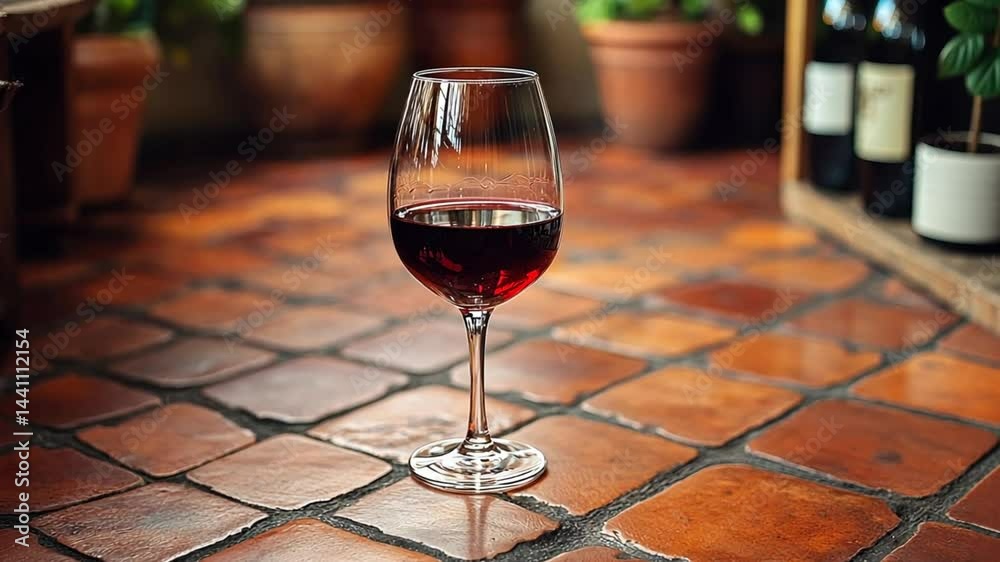 A Glass of Red Wine on a Rustic Tile Floor