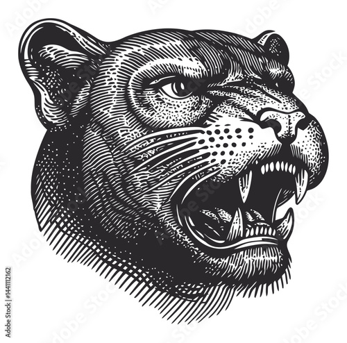 Vintage Hand-Drawn Illustration of a Panther Head with Fierce Expression