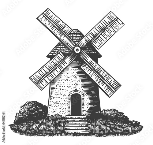 Vintage Hand-Drawn Illustration of a Classic Windmill in Nature
