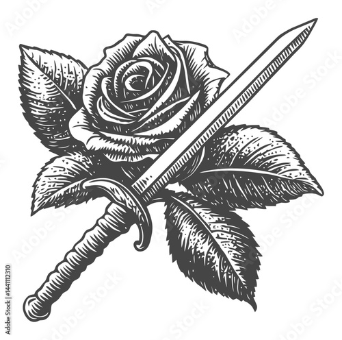 Vintage Hand-Drawn Illustration of Rose and Sword Composition