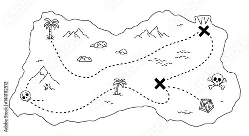 Cartoon Treasure Map with Dotted Paths and X Marks