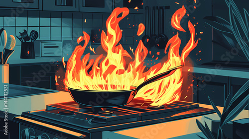 Kitchen fire, pan on stovetop engulfed in flames, requiring immediate attention. Conscious Flame. Illustration