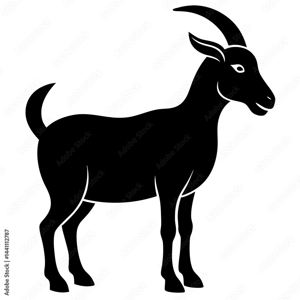Fototapeta premium A black silhouette of a goat standing in profile, with curved horns and a short tail