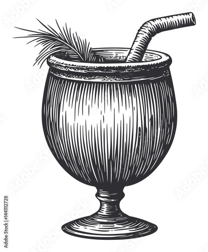 Vintage Hand-Drawn Illustration of a Cocktail Glass with Straw