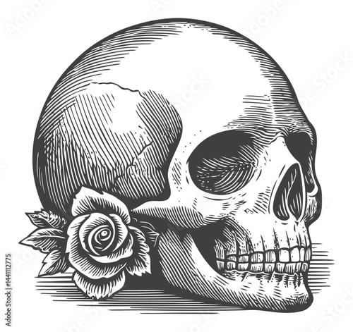 Vintage Hand-Drawn Skull Illustration with Rose Floral Accent