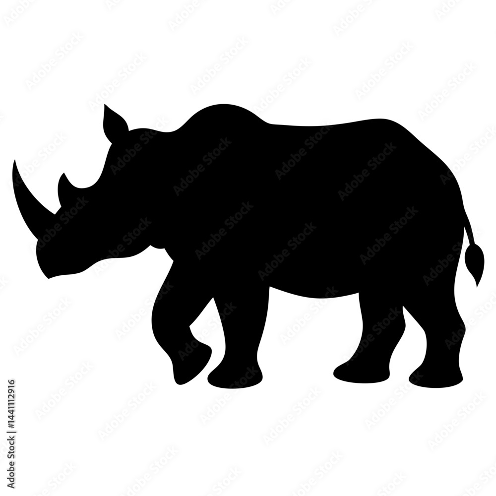 Fototapeta premium A black silhouette of a rhinoceros walking, shown in profile, with a large body, short legs, and a prominent horn