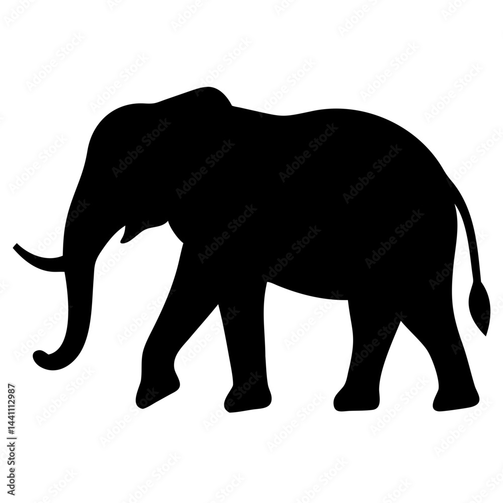 Fototapeta premium A black silhouette of an elephant walking, shown in profile, with a long trunk and large ears