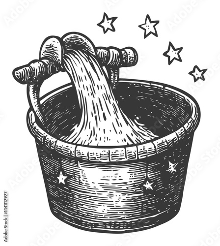Vintage Hand-Drawn Illustration of a Bucket with Flowing Water