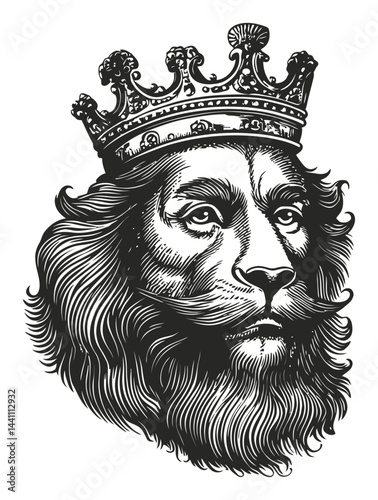 Vintage Hand-Drawn Illustration of a Regal Lion with Crown