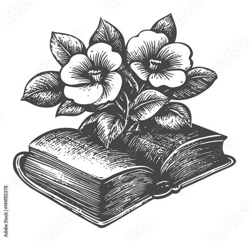 Vintage Hand Drawn Illustration of Flowers Emerging from an Open Book