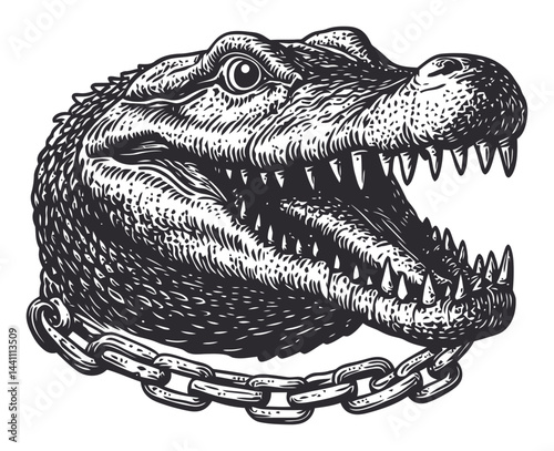 Vintage Hand-Drawn Illustration of a Crocodile Head with Chains